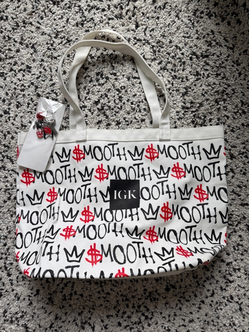 IGK White Canvas Tote with Red and Black Graphic Print. Comes with Cute Keychain